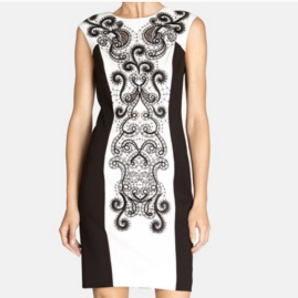 KAREN MILLEN Dress Bodycon Black White Colorblock Embroidered Detail size 4
